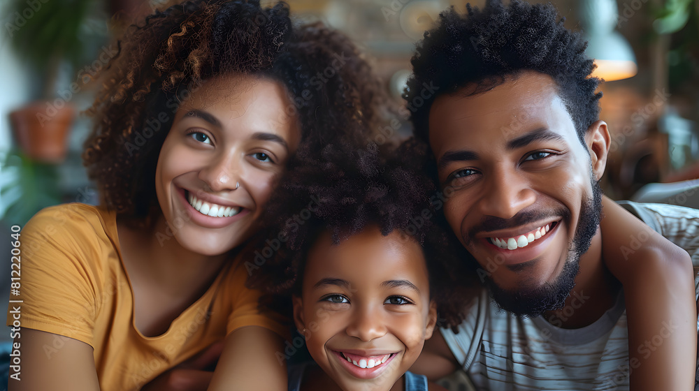 Happy African American family smiling together at home. Portrait of parents with child in a casual setting. Family joy and lifestyle concept. Design for greeting cards, family therapy posters Happy African American family smiling together at home. Portrait of parents with child in a casual setting. Family joy and lifestyle concept. Design for greeting cards, family therapy posters