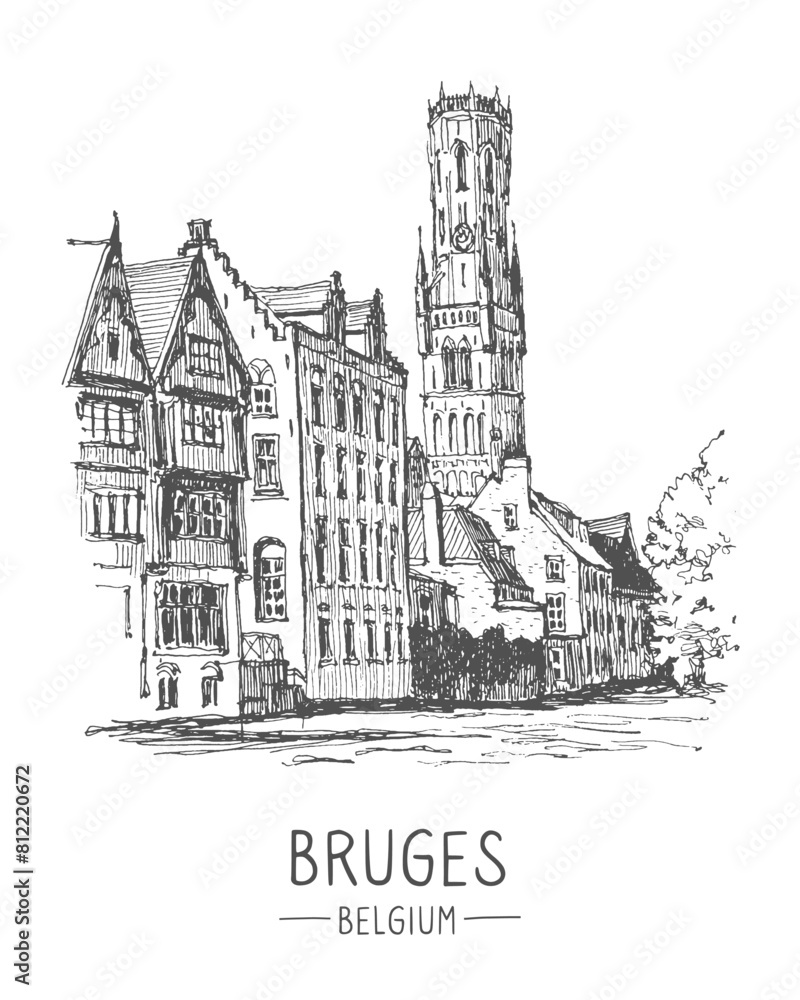 Obraz premium Travel vector sketch of Bruges, Belgium. Urban sketch in black color isolated on white background. Historical building line art. Freehand drawing. Hand drawn travel postcard. Hand drawing of Bruges.