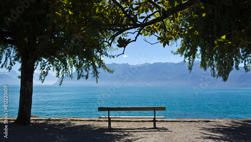 Empty bench by the Leman lake, Switzerland