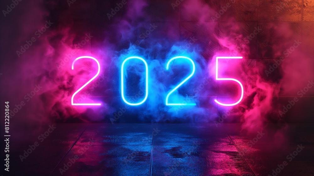 Neon-lit 2025 numerals in vibrant pink and blue on a dark smoky background, perfect for modern New Year celebrations. Neon-lit 2025 numerals in vibrant pink and blue on a dark smoky background, perfect for modern New Year celebrations.