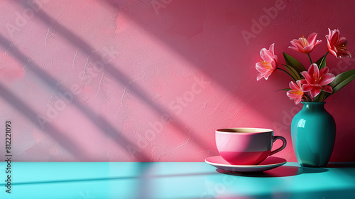 front view of cup of coffee on pink and turquoise  background, kick mornign start, motivation, space for copy text photo