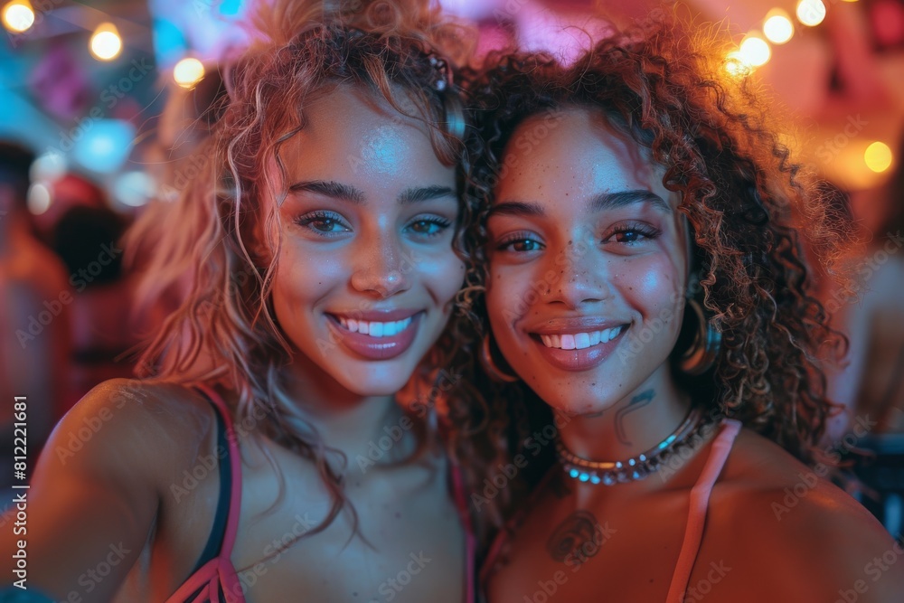 Two ecstatic young friends with radiant smiles pose in a festive neon-light ambiance, exuding vibrancy and happiness Two ecstatic young friends with radiant smiles pose in a festive neon-light ambiance, exuding vibrancy and happiness