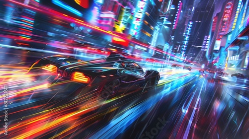 Experience the adrenaline rush of a high-speed chase through a cyberpunk cityscape, with neon lights streaking past and futuristic vehicles weaving through traffic in a heart-pounding pursuit. © Nature Creative