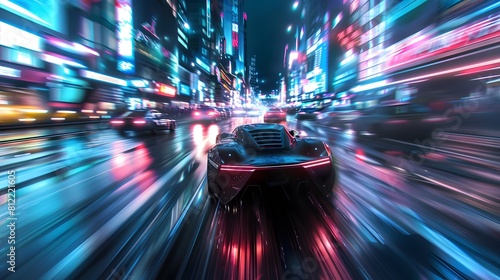 Experience the adrenaline rush of a high-speed chase through a cyberpunk cityscape, with neon lights streaking past and futuristic vehicles weaving through traffic in a heart-pounding pursuit.