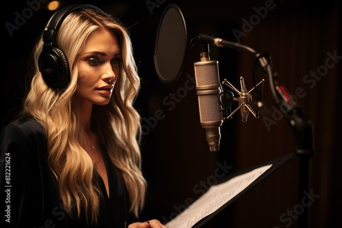 Voiceover artist readies in soundproof studio for precise dubbing or narration recording © Ilja