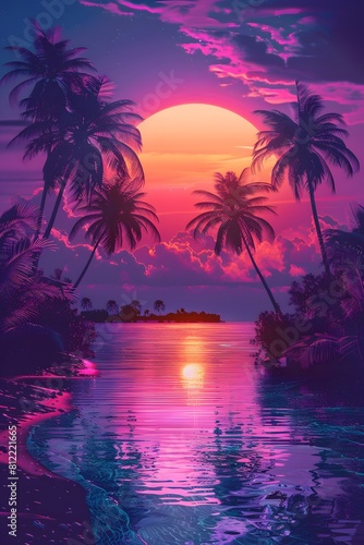 Palm trees and ocean at sunset with neon colors. Digital artwork for design and print. Tropical and synthwave concept.