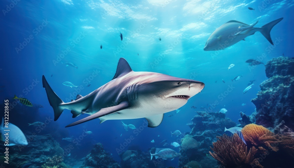 The great White Shark in the ocean, portrait of White shark hunting prey in the underwater The great White Shark in the ocean, portrait of White shark hunting prey in the underwater