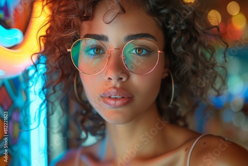 Artful portrait of a woman with curly hair and glasses against a neon sign bokeh backdrop, exuding a contemporary charm