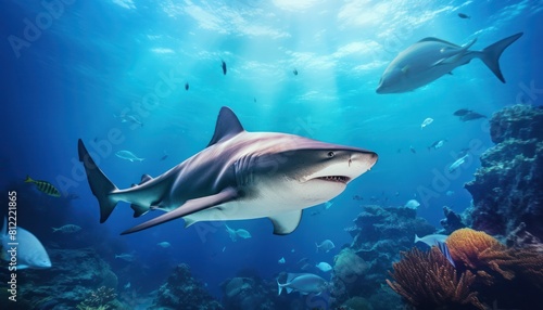 The great White Shark in the ocean, portrait of White shark hunting prey in the underwater