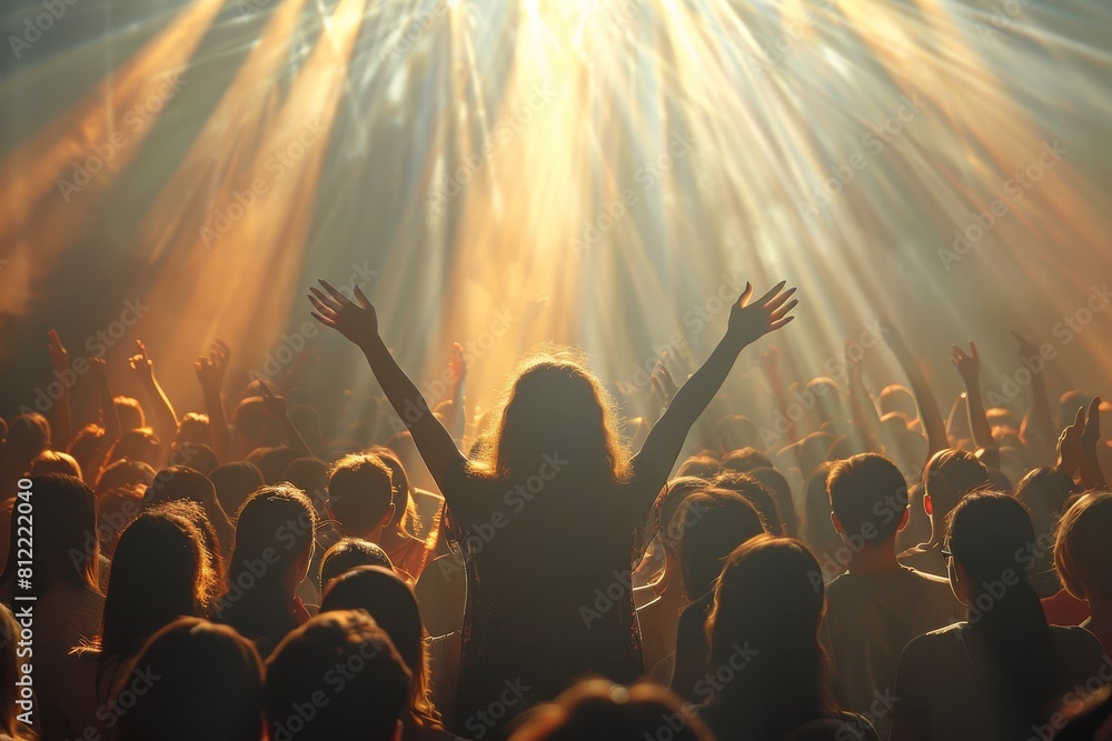 Silhouette of an audience member with arms raised, backlit by dramatic stage lighting at a live concert Silhouette of an audience member with arms raised, backlit by dramatic stage lighting at a live concert