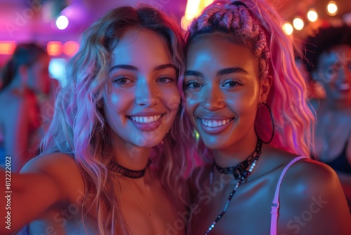 Two joyful women with bokeh lights in the background enjoy a lively festival night together