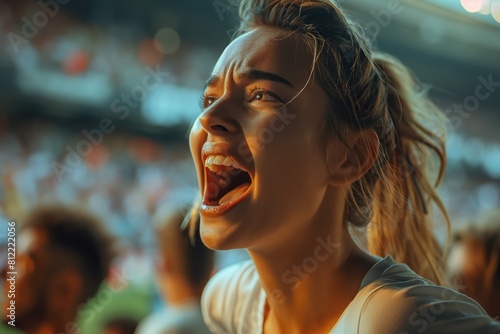 Cheerful female soccer fan screaming with mouth wide open at stadium photo