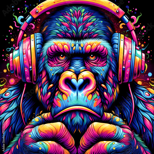 Digital art vibrant colorful cool gorilla wearing headphones vibin to music