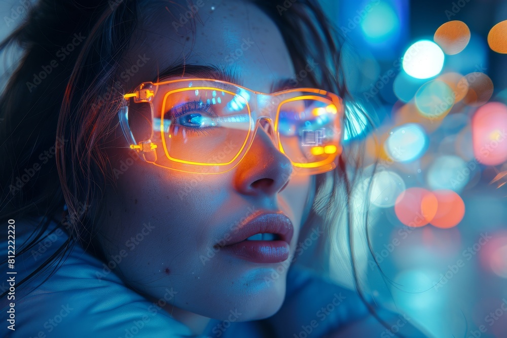 This image showcases a woman with glowing orange-tinted glasses reflecting a pattern, set against a deep blue neon ambiance This image showcases a woman with glowing orange-tinted glasses reflecting a pattern, set against a deep blue neon ambiance