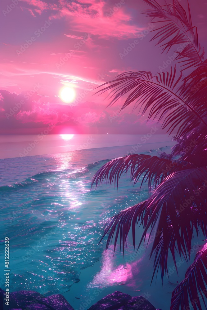 Palm leaves and ocean waves at sunset with neon pink sky. Digital artwork for design and print. Tropical and synthwave concept.