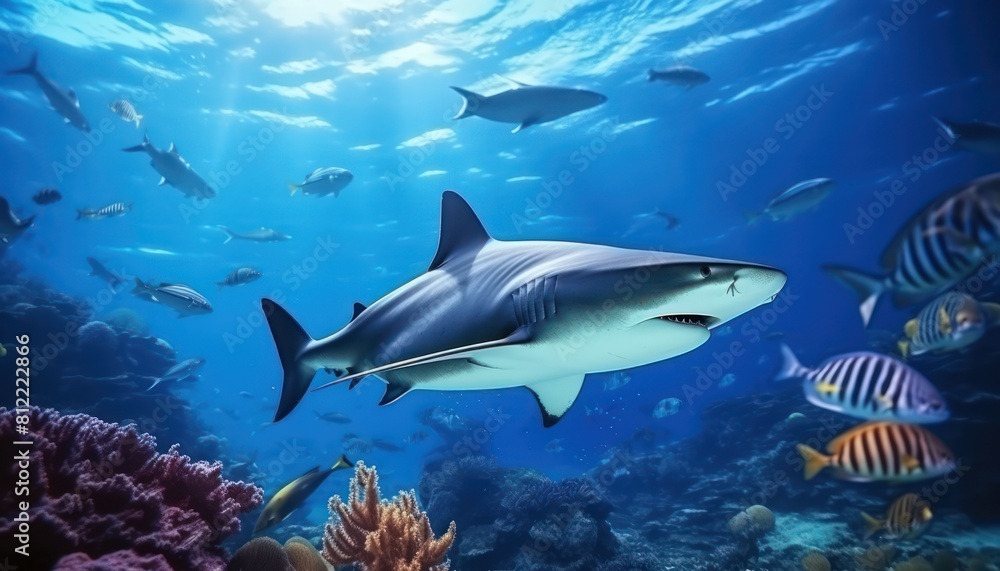 Fototapeta premium The great White Shark in the ocean, portrait of White shark hunting prey in the underwater
