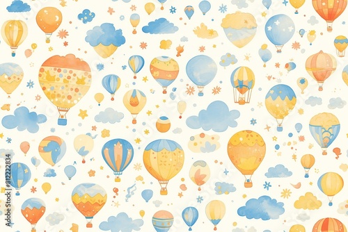 A whimsical watercolor pattern of hot air balloons floating above a sky filled with clouds  creating an enchanting and dreamy atmosphere for the children s room wallpaper. 