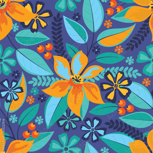 Vector floral seamless pattern with flowers, leaves, twigs, berries.