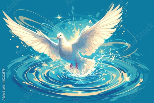A white dove flaps its wings on the river, vector illustration style, flat design, green and blue background photo