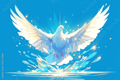 A white dove flaps its wings on the river, vector illustration style, flat design, green and blue background photo