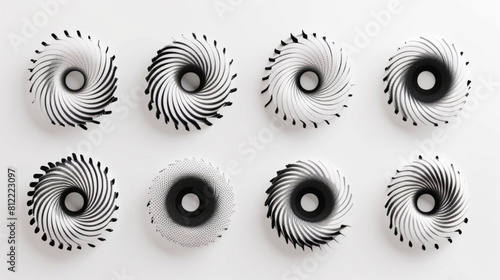 Halftone circle speed lines. Dashed dotted spiral dynamic swirls, radial geometric pattern, concentric circular abstract waves. Round movement 3D avatars set vector icon, white background, black colou