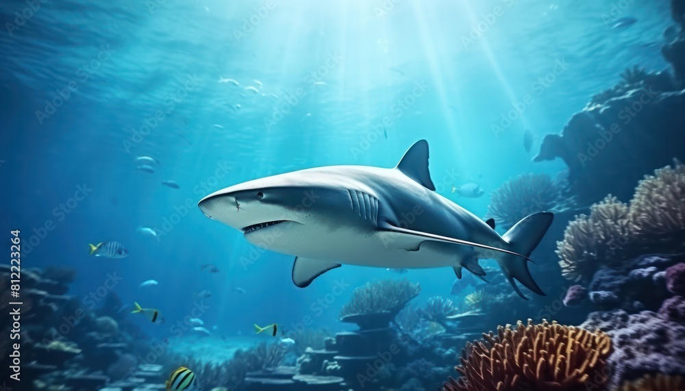 Obraz premium The great White Shark in the ocean, portrait of White shark hunting prey in the underwater