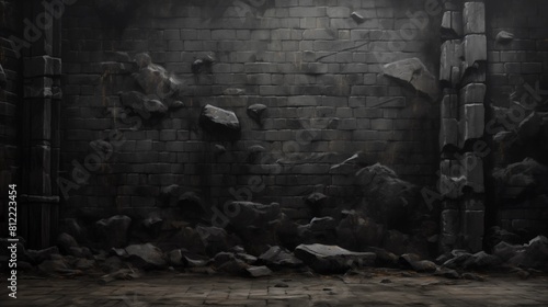 Animated scene of a crumbling brick wall in a dark environment photo