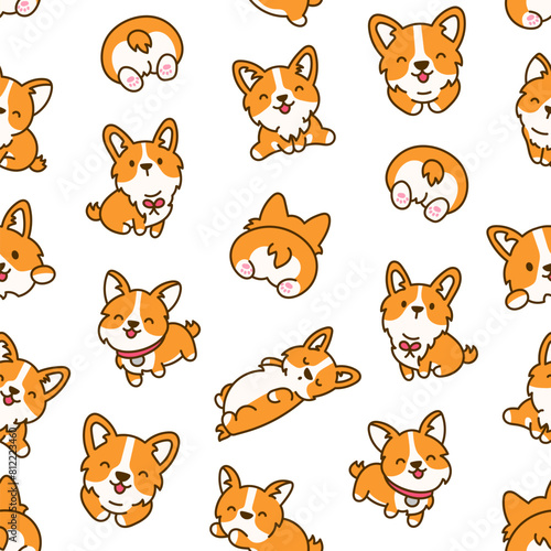 Cute kawaii corgi dog. Seamless pattern. Funny puppy cartoon animal characters. Hand drawn style. Vector drawing. Design ornaments.