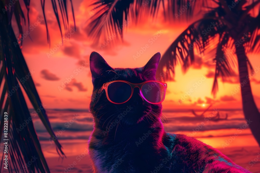 Cat wearing sunglasses on a beach with palm trees at neon sunset ...