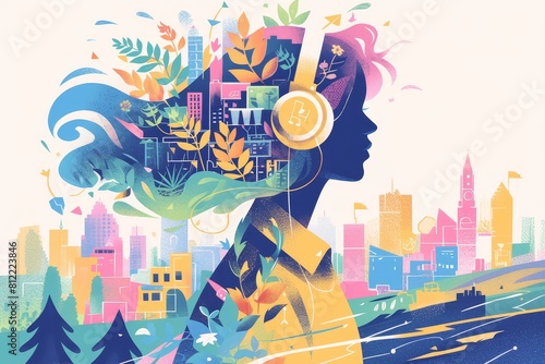 woman with hair made up in colorful waves  her head is adorned with headphones and her eyes project into different landscapes like cities  forests  rivers  trees and buildings. 