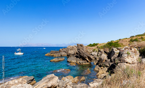 Paradise sea bay with azure water and beach view from coastline trail of Zingaro Nature Reserve Park