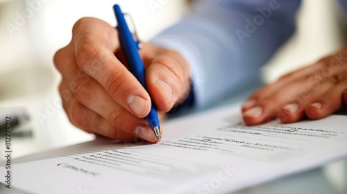 A businessman's hand holding a blue ballpoint pen poised over a contract document.