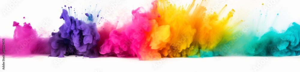 Expansive, panoramic image showcasing a dynamic burst of colored powders, creating a vivid spectrum that evokes excitement and a festive mood suitable for various creative backgrounds