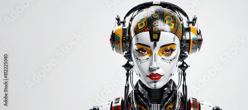 Humanoid robot with female face with ethnic ornaments on face and head on white background. AI generative.