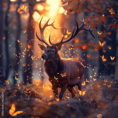A stag is standing in the middle of the forest  everything is magical around him  a crazy sunset  beautiful butterflies around him  everything looks too beautiful and high quality   