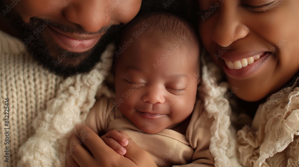 A close-up portrait of a happy black family hugs their newborn little baby at home, the woman and man became parents, Harmony's Hug: A Couple's Joyous Embrace with Their child, United in Love A close-up portrait of a happy black family hugs their newborn little baby at home, the woman and man became parents, Harmony's Hug: A Couple's Joyous Embrace with Their child, United in Love