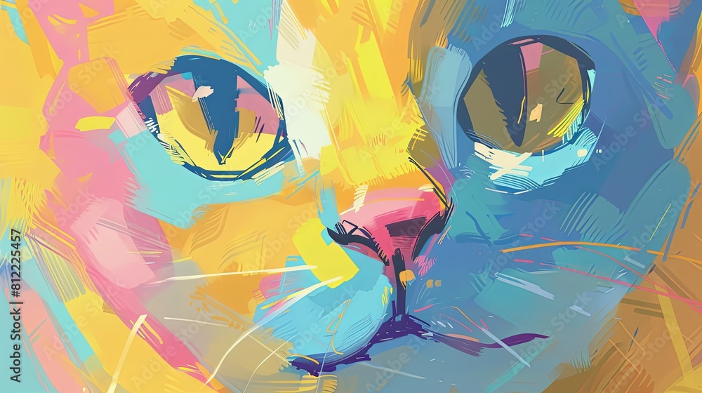 Fototapeta premium Painting featuring a close-up of a cat's face. Illustration for cover, card, postcard, interior design, poster, brochure or presentation.
