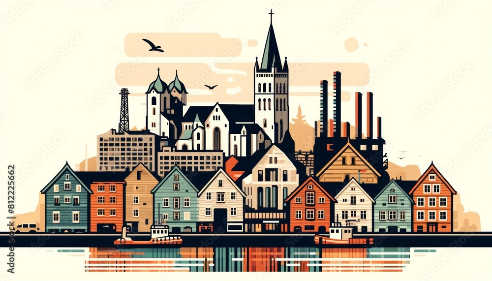 Stavanger cityscape with traditional houses, roofs, churches, bell towers. Retro style vector poster 