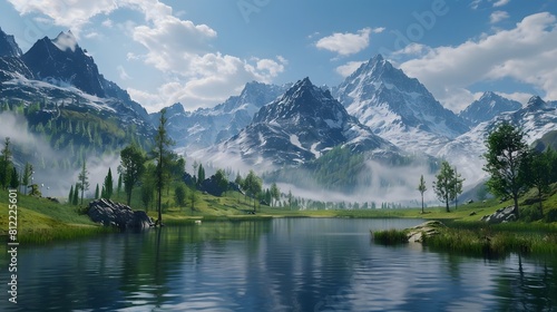 Generate an awe-inspiring view of a majestic mountain range, enhanced by AI-generated atmospheric effects and wildlife