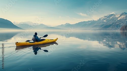A man in a kayak paddling down a river or lake. The water is calm, the sky is clear. The scene is peaceful and serene. The man is enjoying the beauty of nature. Active recreation concept. Illustration photo