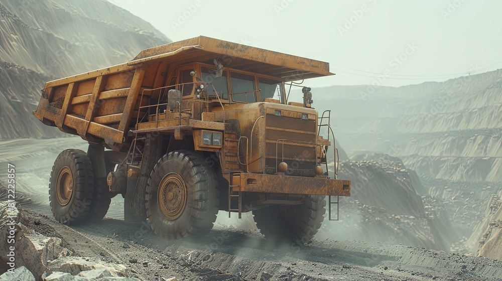 Fototapeta premium Hauling ore in a huge dump truck over the terraced paths of a deep open pit mine. The concept of developing a deposit of something. Large-scale mining operations. Illustration for varied design.