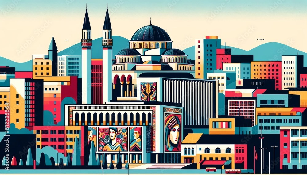 Tirana cityscape with traditional houses, roofs, churches, bell towers. Retro style vector poster 