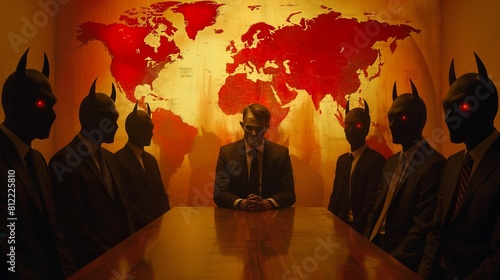 A group of men sit around a table with a large map of the world hanging on the wall behind them. A shadow government is plotting to conspire and seize power. The scene is tense and serious.