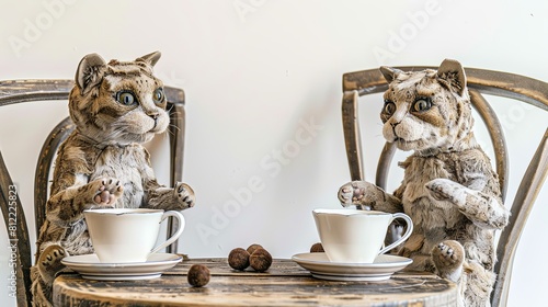 Two stuffed animals sitting at a table with cups of tea or coffee. Staged scene of cats having tea. Interior decoration with taxidermy of pets for exhibition. Illustration for varied design. photo