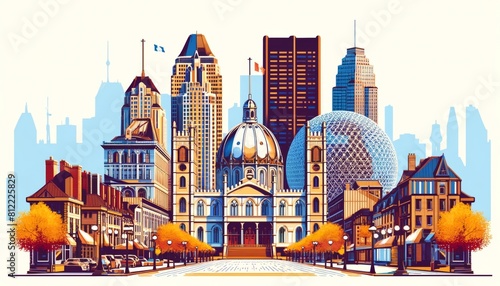 Montreal cityscape with traditional houses, roofs, churches, bell towers. Retro style vector poster 