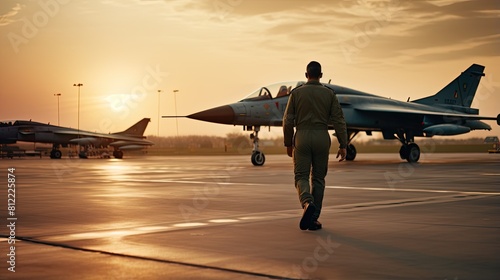 A man walks down the runway of a military airbase toward a fighter jet. Military prepares for combat flight. Army and air armed forces. Sunset. Illustration of varied design. photo