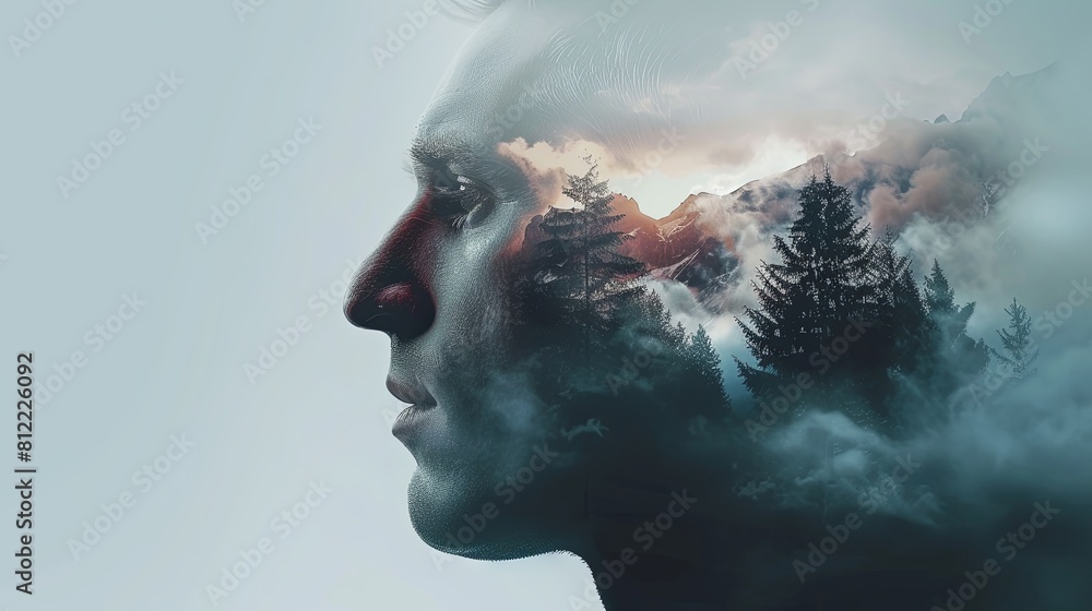 Double exposure combines a woman's face, high mountains and forest. Panoramic view. The concept of the unity of nature and man. Dream, reminisce or plan a climb. Memory of a mountaineer. Illustration. Double exposure combines a woman's face, high mountains and forest. Panoramic view. The concept of the unity of nature and man. Dream, reminisce or plan a climb. Memory of a mountaineer. Illustration.