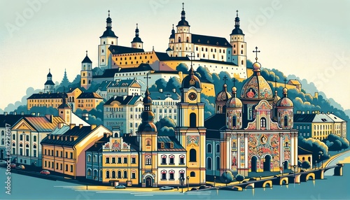 Grodno cityscape with traditional houses, roofs, churches, bell towers. Retro style vector poster  photo