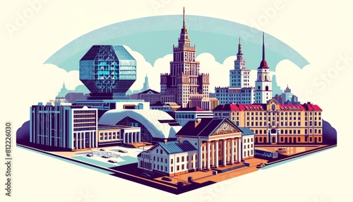 Minsk cityscape with traditional houses, roofs, churches, bell towers. Retro style vector poster  photo