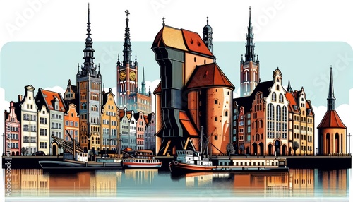 Gdansk cityscape with traditional houses, roofs, churches, bell towers. Retro style vector poster  photo